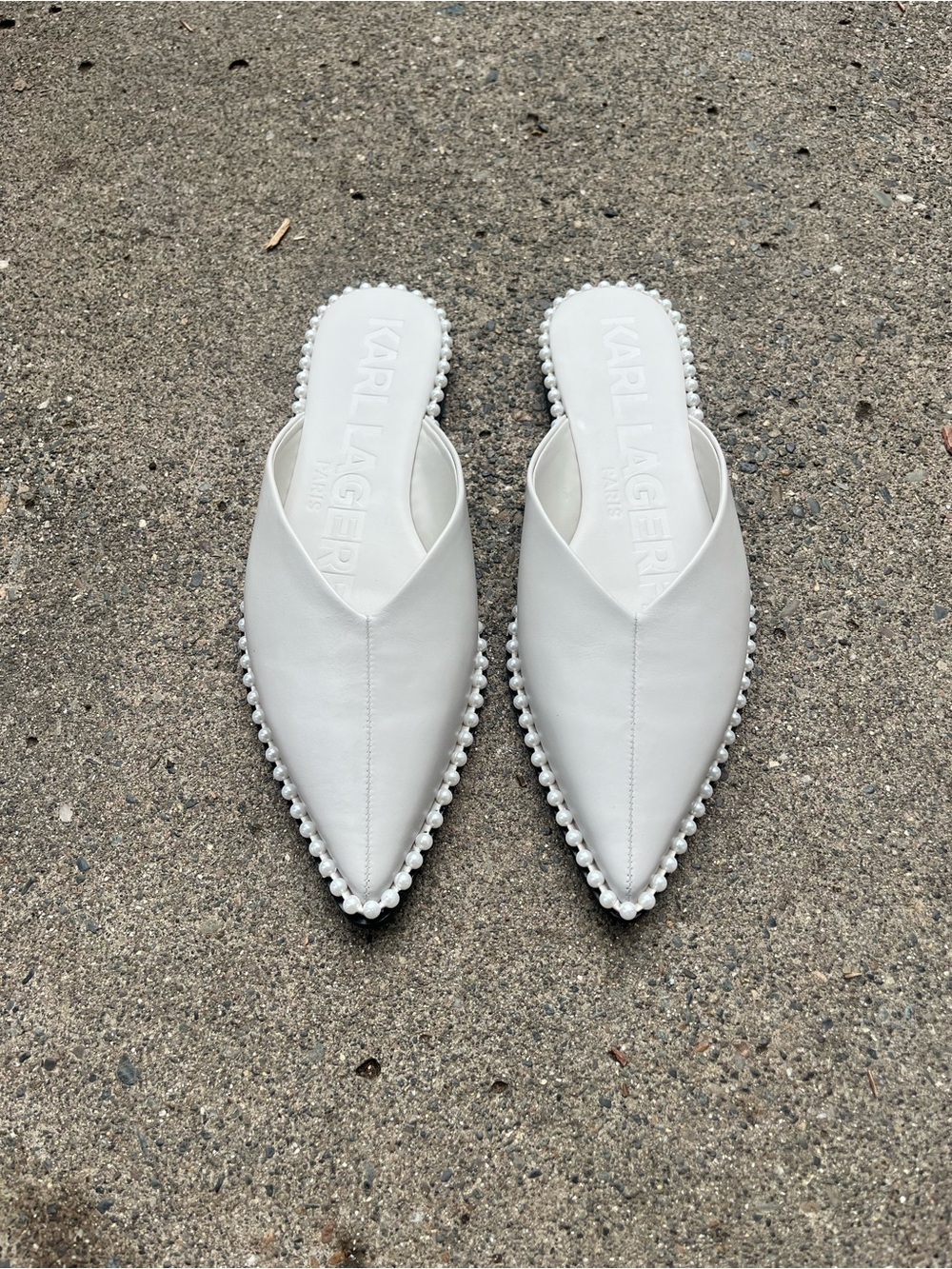 NWOT Karl Lagerfeld White Pearl-Trim Slip-On Pointed Mules 8.5